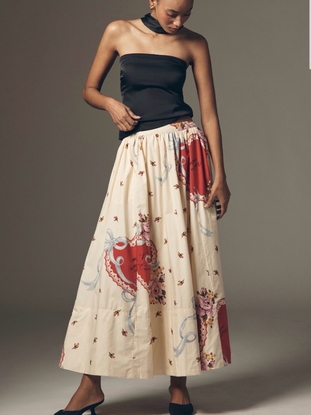 Anthropologie Maeve Jacie Poplin Butter Yellow Red Maxi Skirt Vintage Heart S